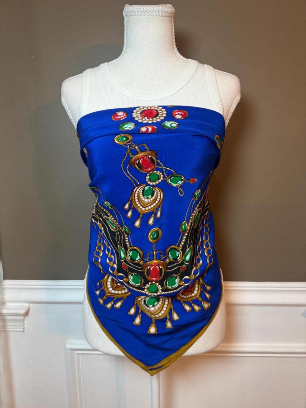 Vintage Style‎ Blue Satin Scarf Top Jewel Chain Print Festival Boho 34x34